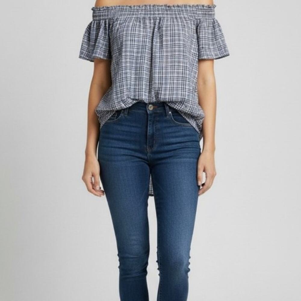 MICHAEL KORS Women's L Off Shoulder Plaid Blouse Navy Gingham